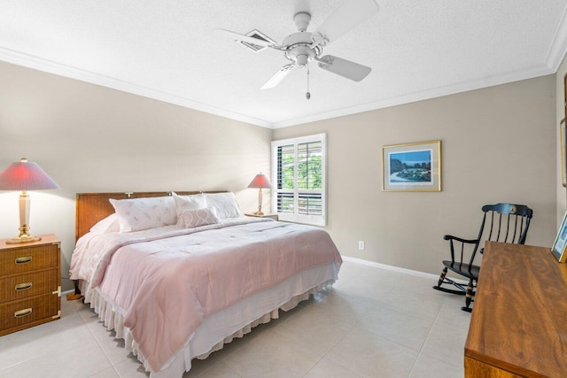 bedroom featuring ornamental molding, a textured ceiling, light tile patterned floors, and ceiling fan