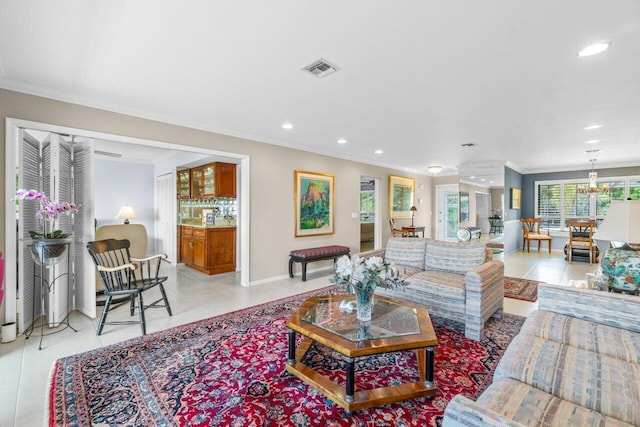 tiled living room featuring crown molding