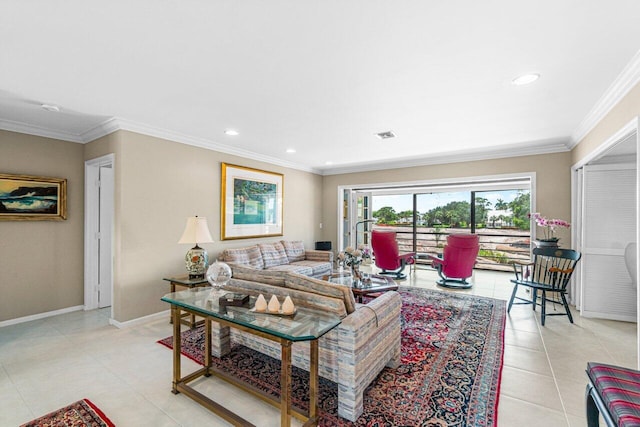 tiled living room featuring crown molding