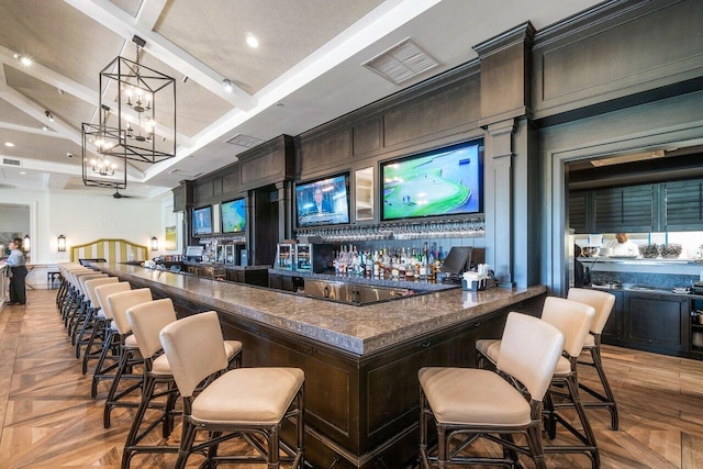 10695 Quail Covey Rd Azalea, Unit Azalea, Boynton Beach, FL 33436 - indoor wet bar with a chandelier, beam ceiling, decorative light fixtures, and recessed lighting