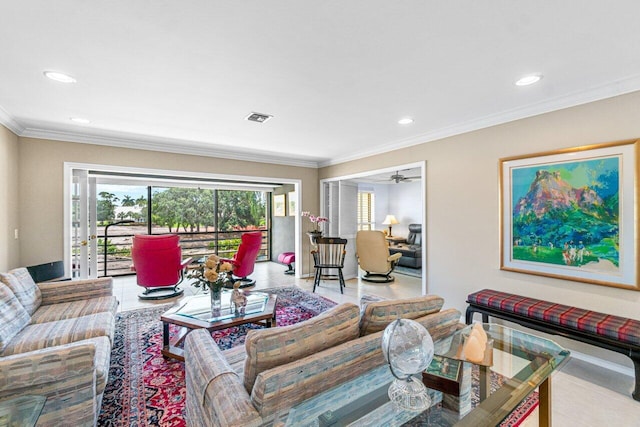 living room featuring crown molding and ceiling fan