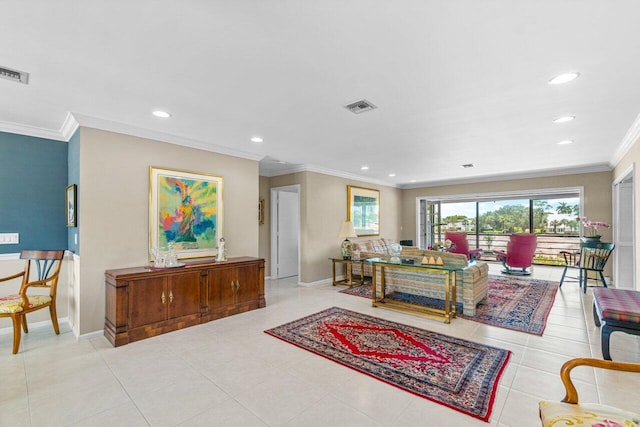 tiled living room featuring ornamental molding