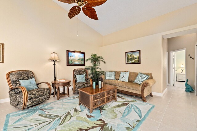 living room with high vaulted ceiling, tile flooring, and ceiling fan