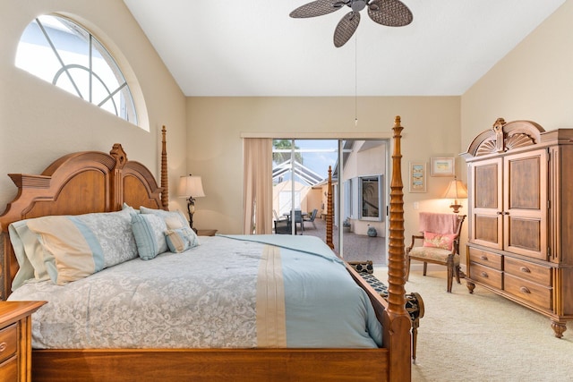 carpeted bedroom featuring access to outside and ceiling fan