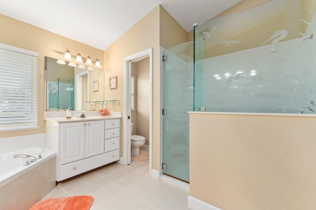 full bathroom featuring tile flooring, vanity, toilet, and independent shower and bath