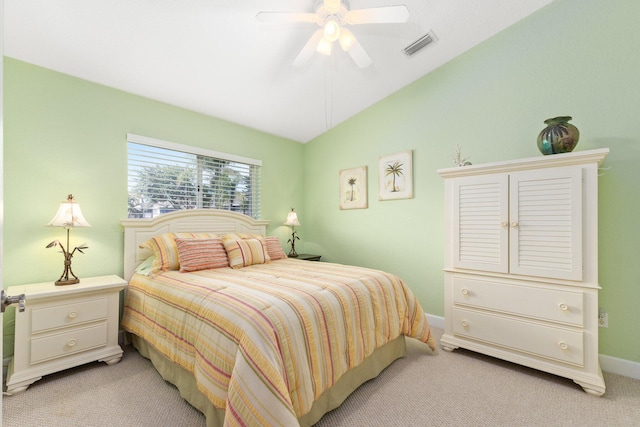 carpeted bedroom featuring ceiling fan and lofted ceiling