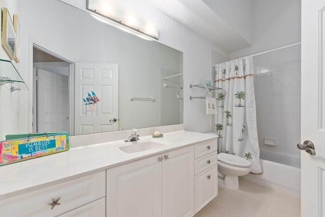 full bathroom featuring toilet, tile flooring, shower / bath combo, and oversized vanity