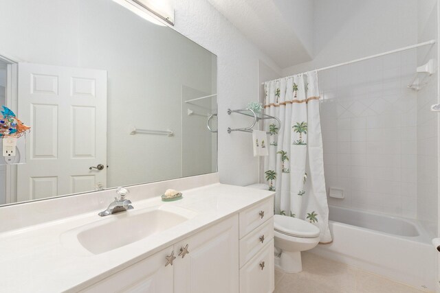 full bathroom featuring shower / bathtub combination with curtain, tile flooring, vanity, and toilet