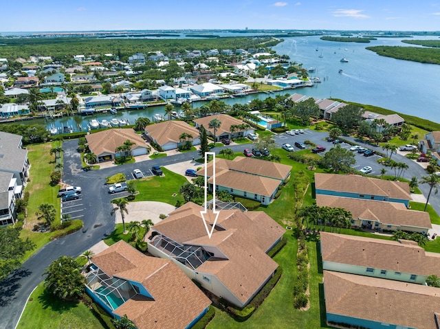 aerial view featuring a water view