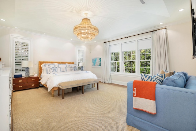 bedroom featuring ornamental molding and a chandelier