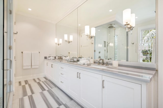 bathroom with vanity, walk in shower, and crown molding