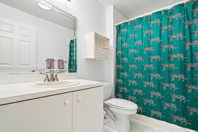 bathroom featuring walk in shower, tile patterned flooring, vanity, and toilet