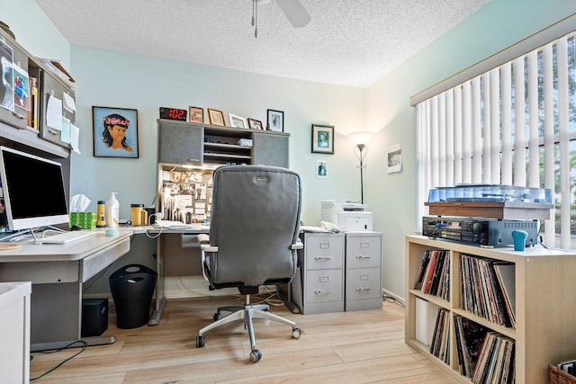 office space with light hardwood / wood-style flooring, a textured ceiling, and ceiling fan