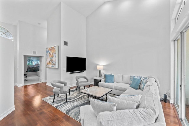 living room with hardwood / wood-style flooring and high vaulted ceiling