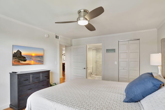 bedroom featuring ceiling fan, a closet, ornamental molding, and ensuite bath