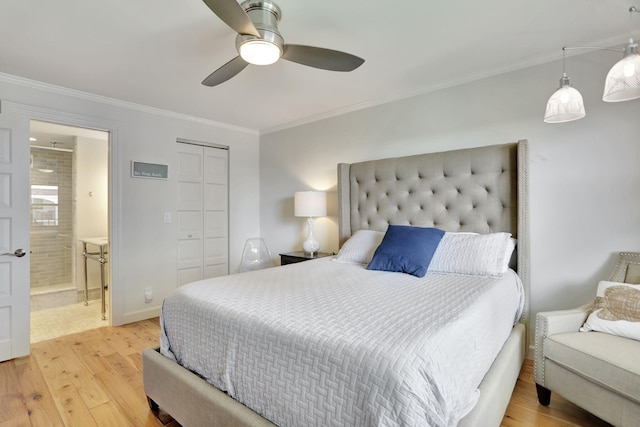 bedroom with light wood-type flooring, a closet, ceiling fan, and ornamental molding