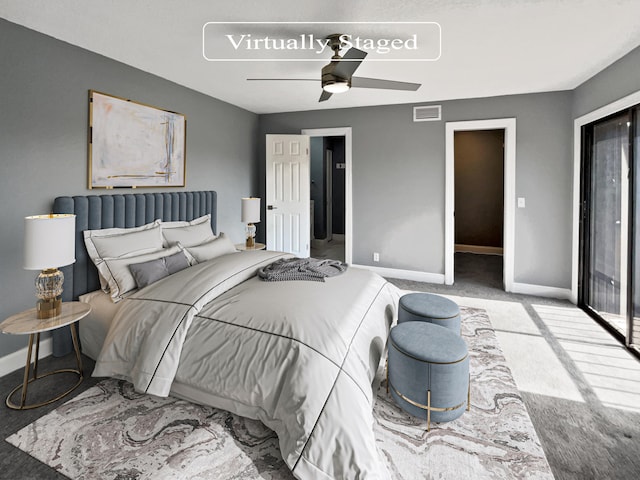 bedroom with ceiling fan and carpet floors