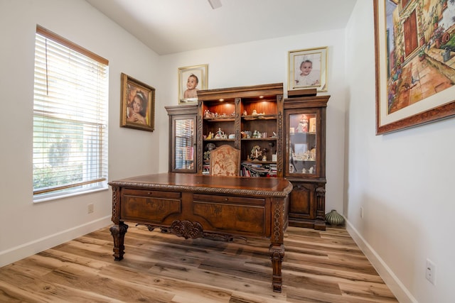 office space with plenty of natural light and light hardwood / wood-style flooring