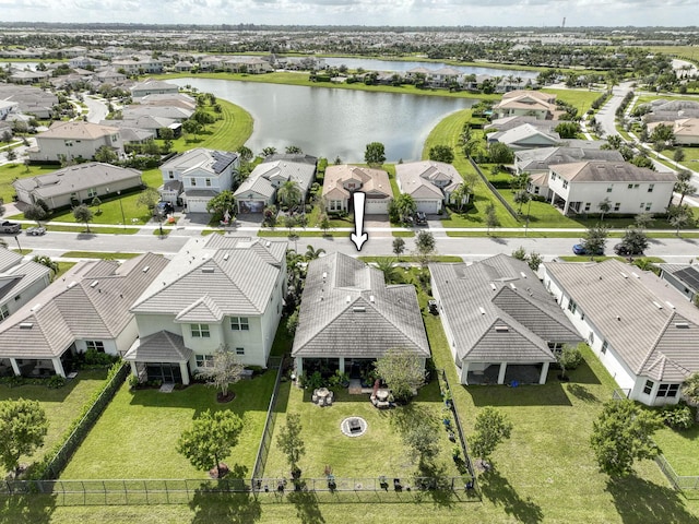 drone / aerial view featuring a water view