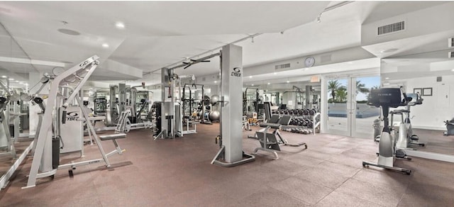 gym with french doors