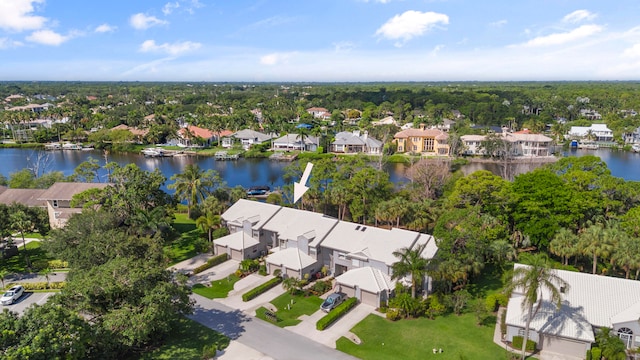 bird's eye view with a water view