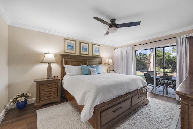 bedroom featuring ceiling fan, dark hardwood / wood-style flooring, ornamental molding, and access to exterior