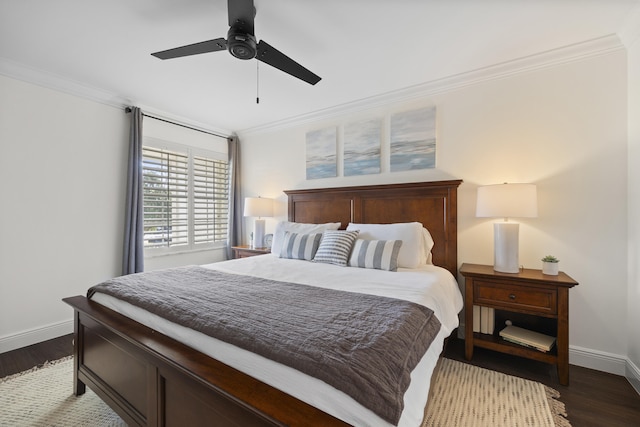 bedroom with ceiling fan, hardwood / wood-style flooring, and ornamental molding