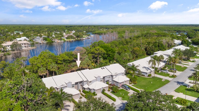 drone / aerial view featuring a water view