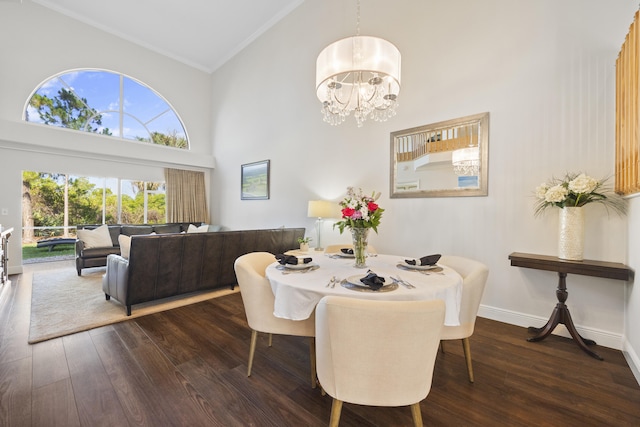 dining space with high vaulted ceiling, a notable chandelier, dark hardwood / wood-style flooring, and crown molding