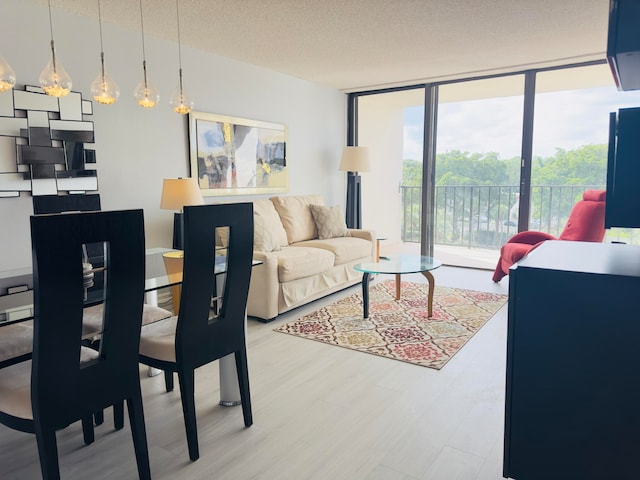 living room with expansive windows, wood-type flooring, and a textured ceiling