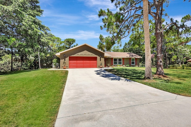 single story home featuring a front yard and a garage