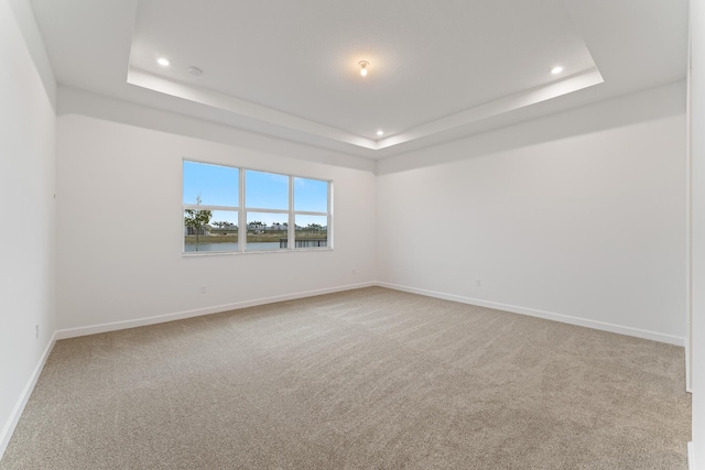 unfurnished room featuring carpet floors and a raised ceiling