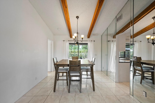 tiled dining space featuring beamed ceiling and a notable chandelier