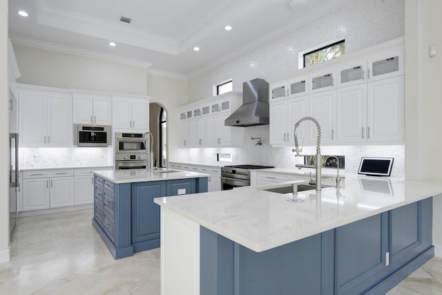 kitchen featuring white cabinets, a spacious island, crown molding, wall chimney exhaust hood, and appliances with stainless steel finishes