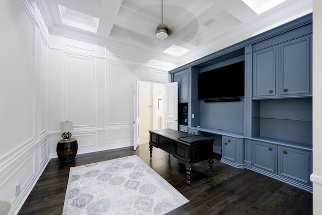 home office featuring crown molding, dark hardwood / wood-style flooring, built in desk, and coffered ceiling