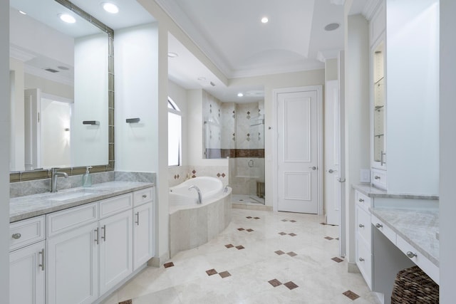 bathroom featuring separate shower and tub, crown molding, tile patterned floors, and vanity