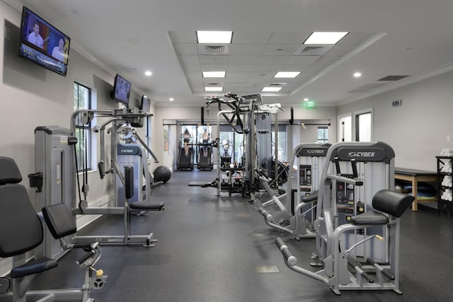 workout area featuring a paneled ceiling, crown molding, and a wealth of natural light