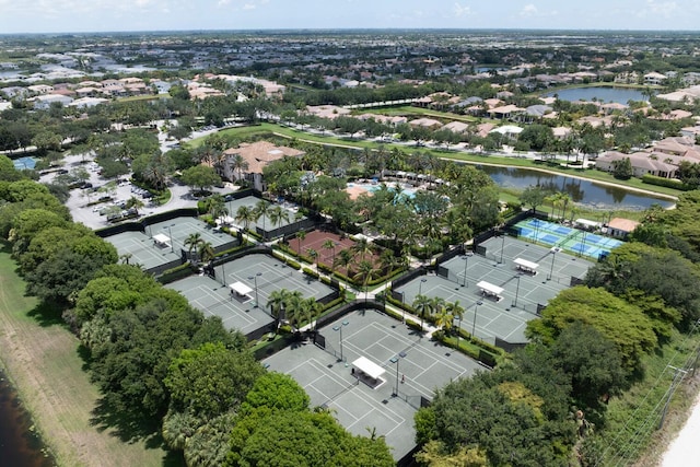 drone / aerial view with a water view