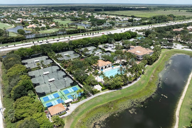 bird's eye view with a water view