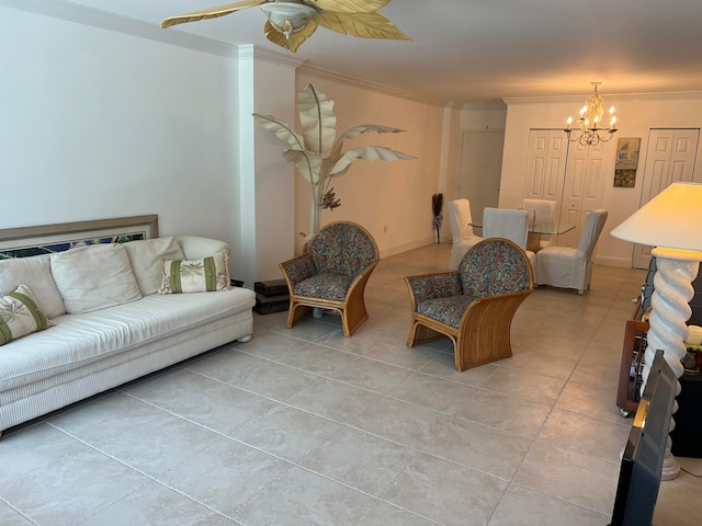 tiled living room with ornamental molding and ceiling fan with notable chandelier