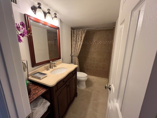 bathroom with a shower with shower curtain, tile patterned flooring, toilet, and vanity