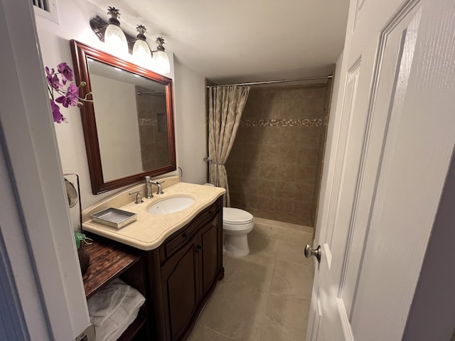 full bathroom with a stall shower, visible vents, toilet, tile patterned floors, and vanity