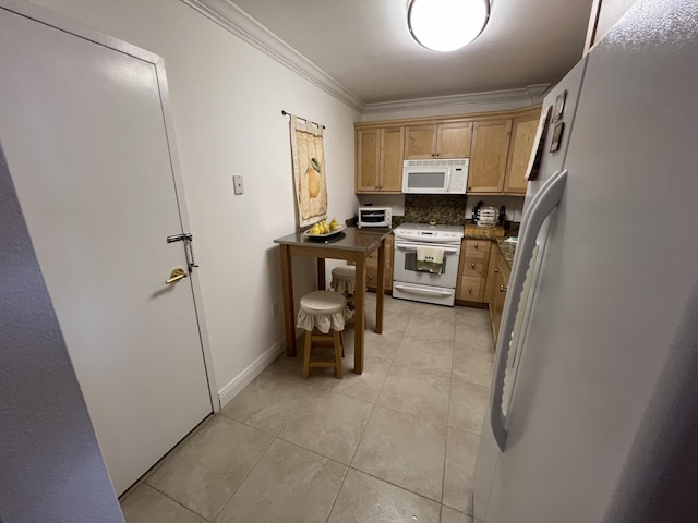 kitchen featuring light tile patterned floors, white appliances, ornamental molding, tasteful backsplash, and dark countertops