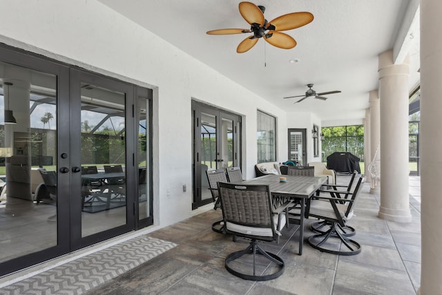 view of patio / terrace with grilling area, french doors, and ceiling fan