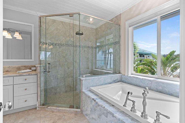 bathroom with tile patterned floors, ornamental molding, and plus walk in shower