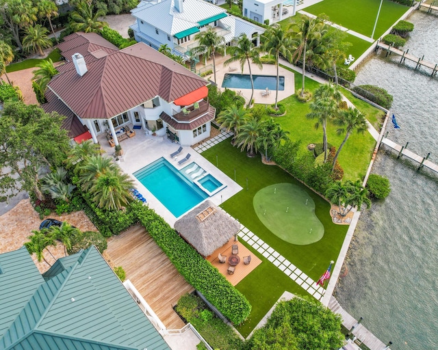 drone / aerial view featuring a water view