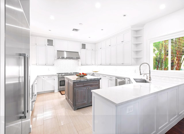 kitchen with high quality appliances, wall chimney range hood, sink, white cabinetry, and kitchen peninsula