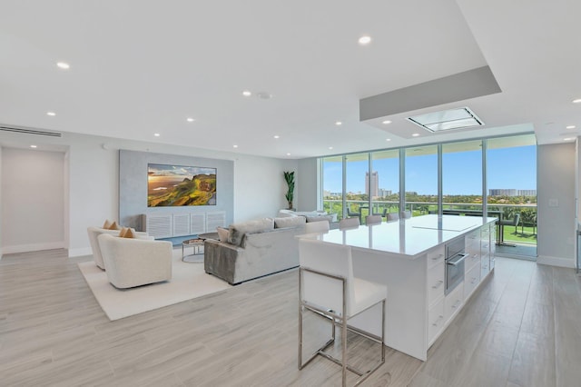 living room with floor to ceiling windows and light wood-type flooring