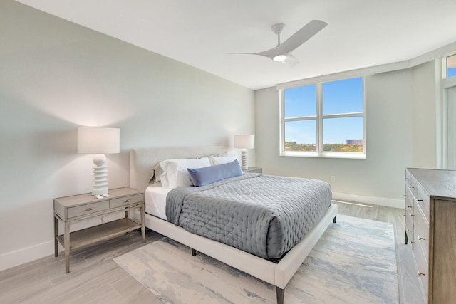 bedroom with ceiling fan and light wood-type flooring