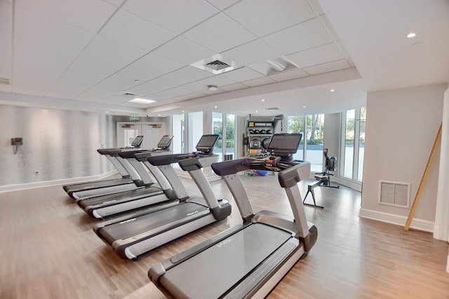 workout area with expansive windows, a paneled ceiling, and light wood-type flooring